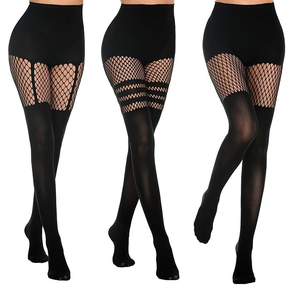 Fishing Socks - Meia-calça preta vazada com suspensórios, meias